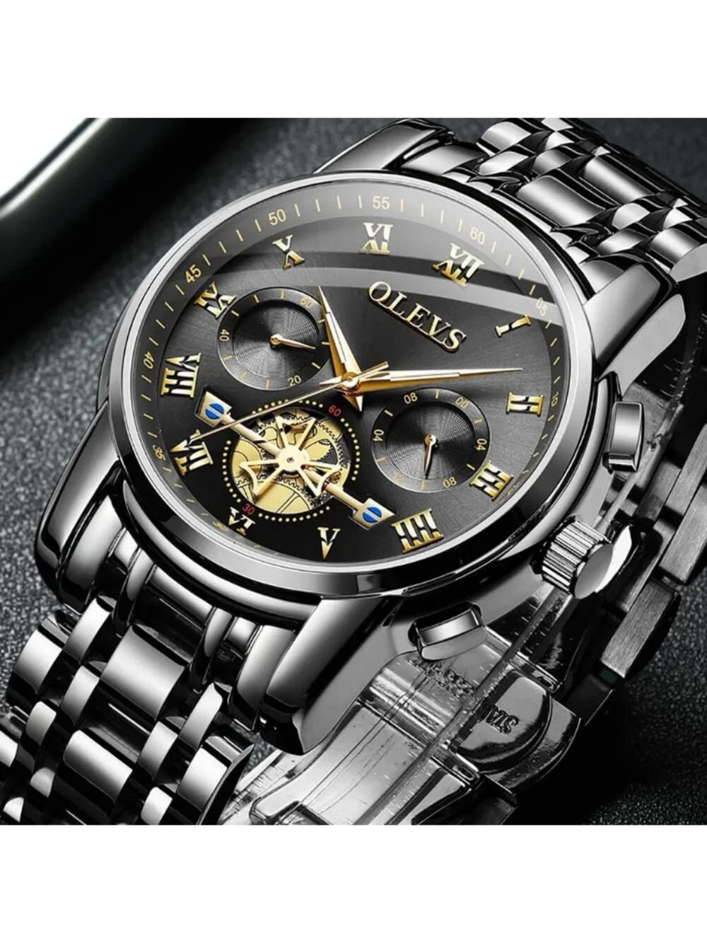 Olevs Men's Black Gold Multifunction Waterproof Luminous Chronograph Wrist Watch